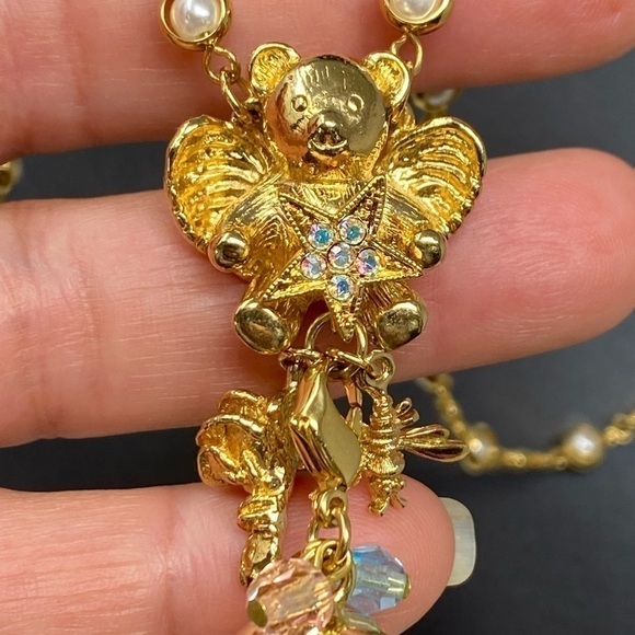 VINTAGE Kirks Folly Golden Star Angel BEAR faux pearl Necklace chime BALL w/box - Picture 2 of 16